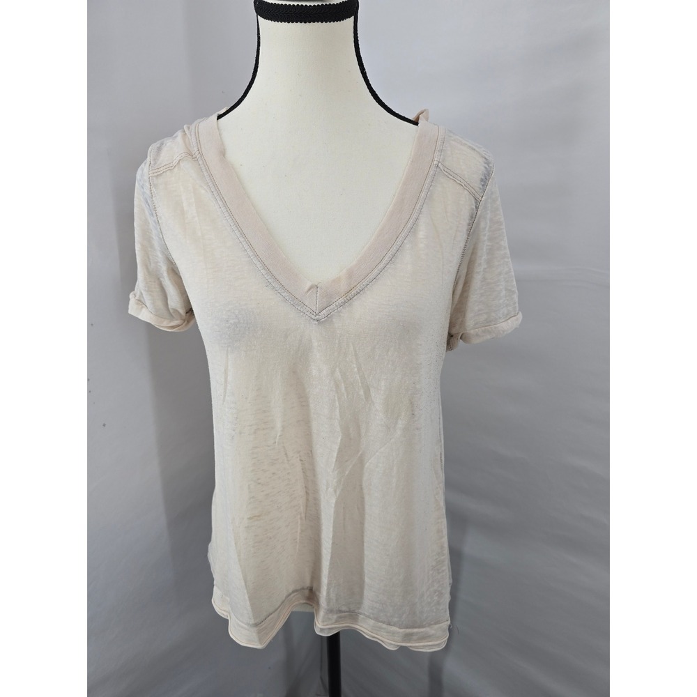 We The Free Free People Women XS Cream V-Neck Short Sleeve T-Shirt Seam Detail